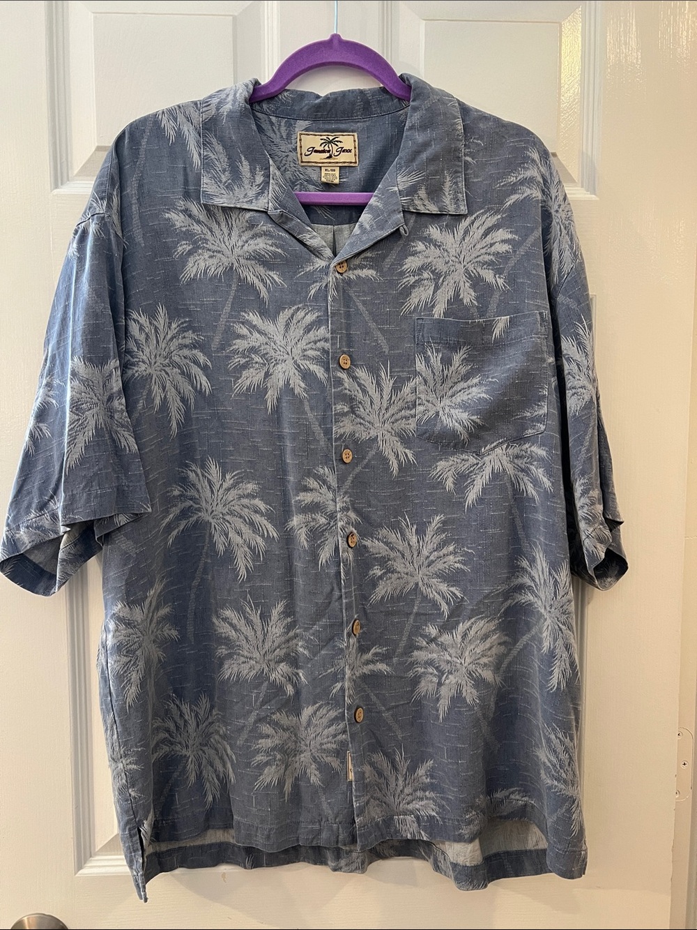 Jamaica Jaxx 100% Silk Blue Palm-Print Short-Sleeve Shirt